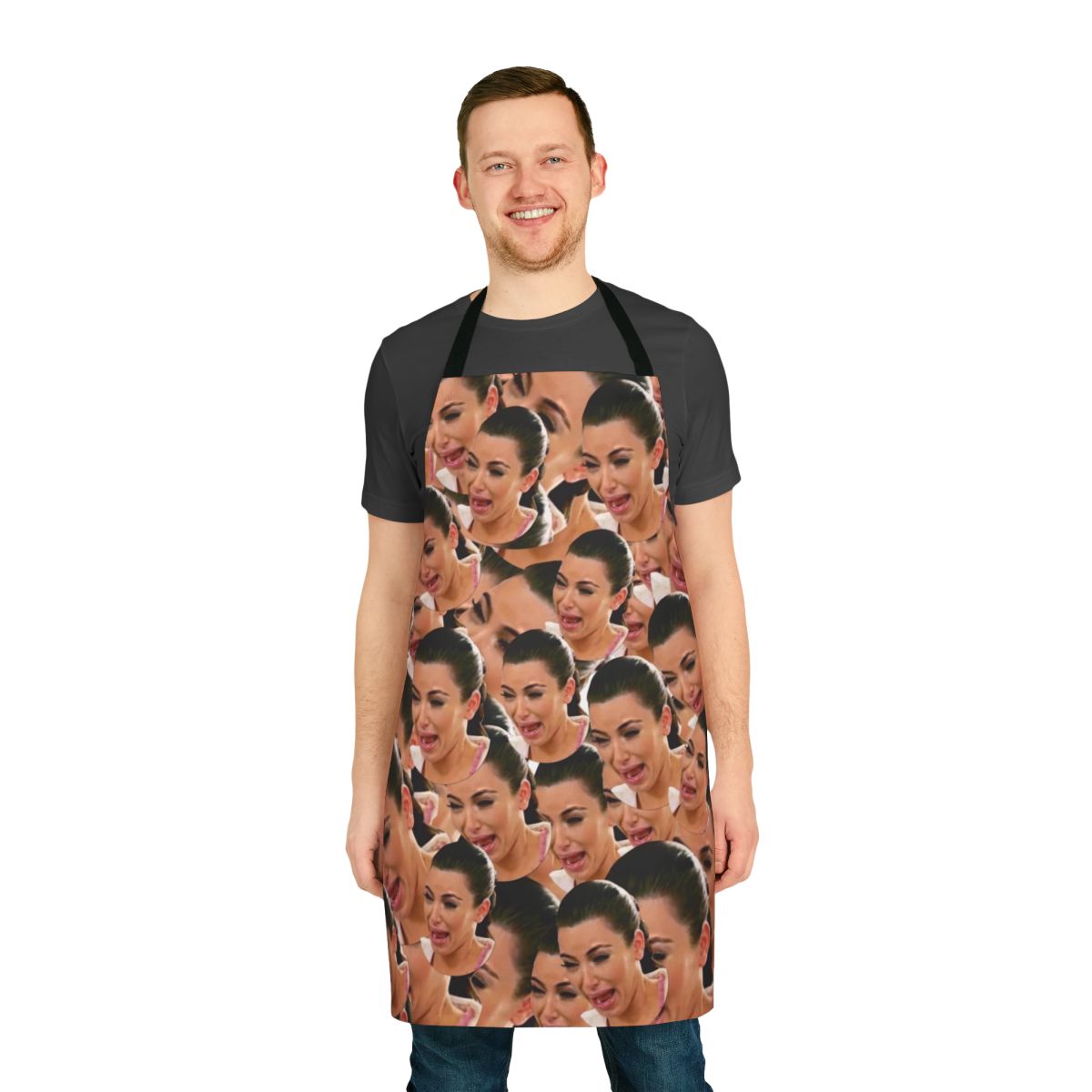 Graphic collage design of crying Kim Kardashian on a white apron