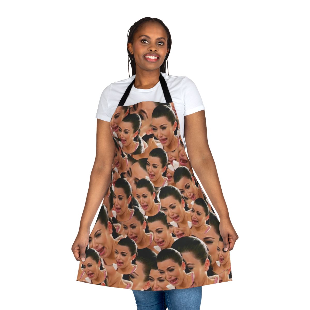 Graphic collage design of crying Kim Kardashian on a white apron
