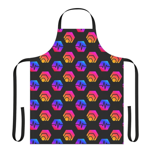 Crypto-inspired apron featuring Hex and Pulsechain logo patterns