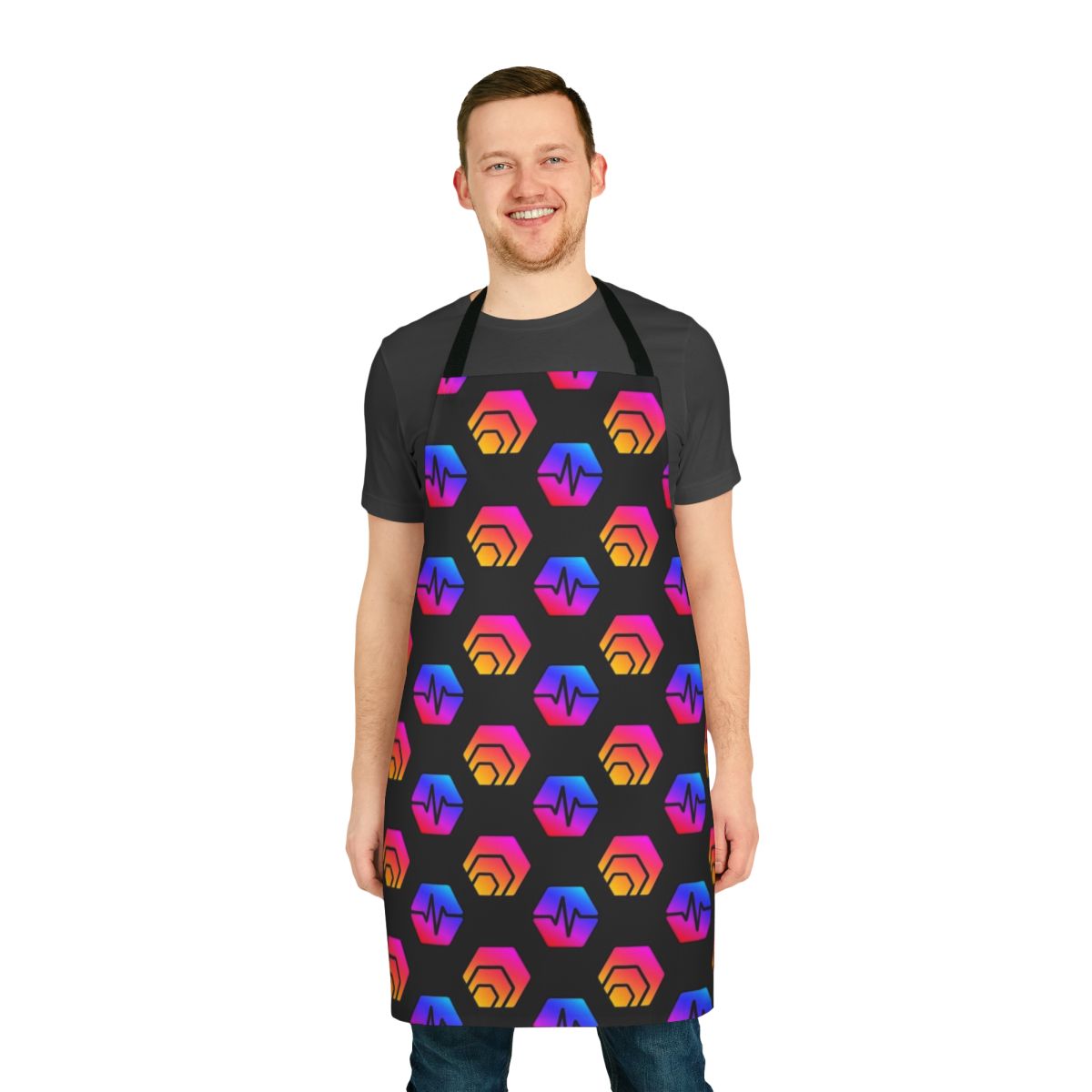 Crypto-inspired apron featuring Hex and Pulsechain logo patterns