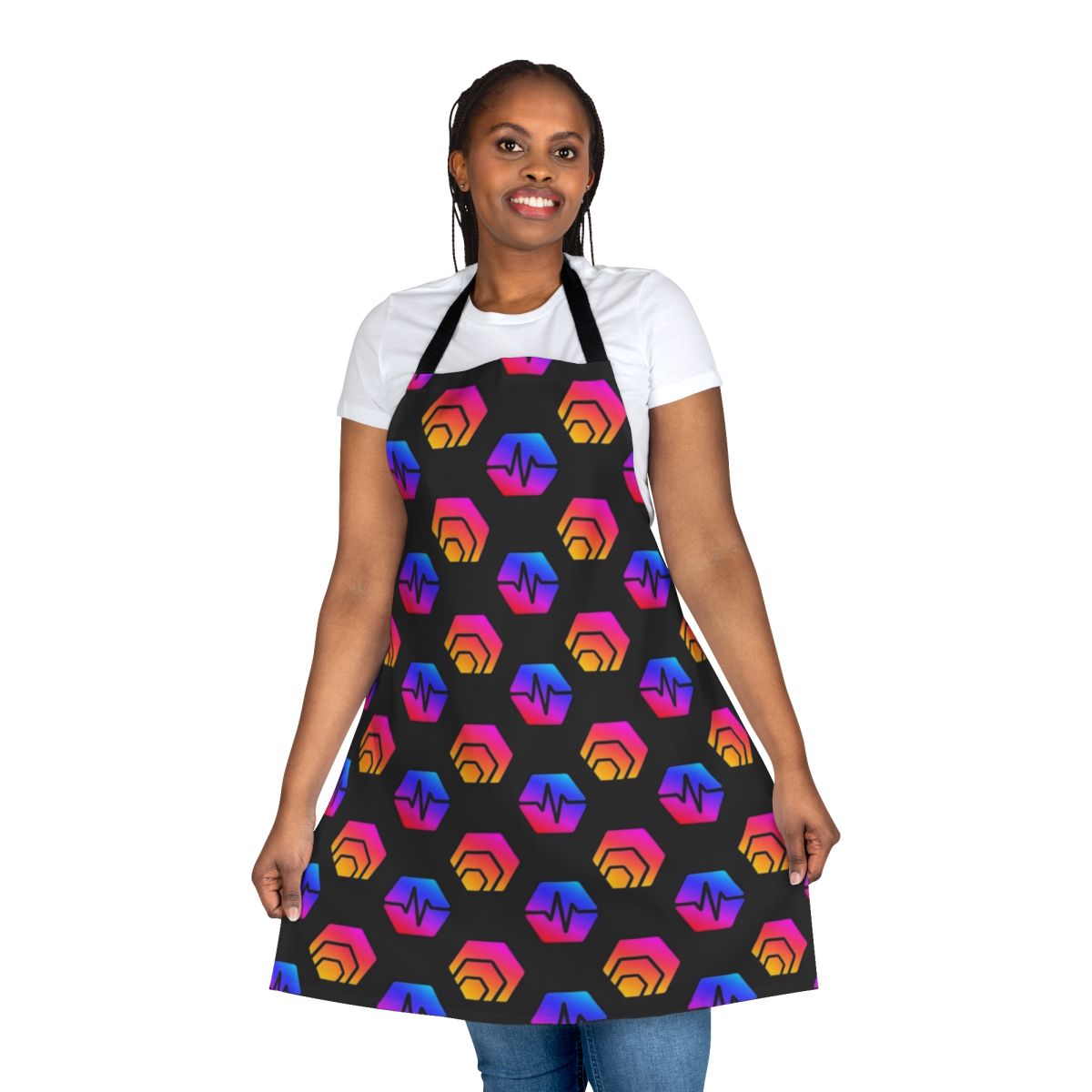 Crypto-inspired apron featuring Hex and Pulsechain logo patterns