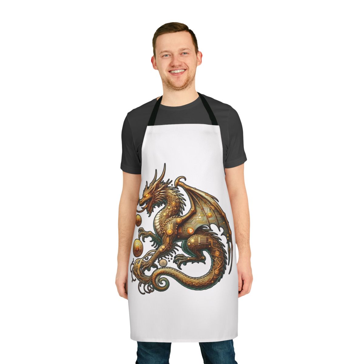 Stylish apron featuring a detailed dragon design, perfect for cryptocurrency enthusiasts.