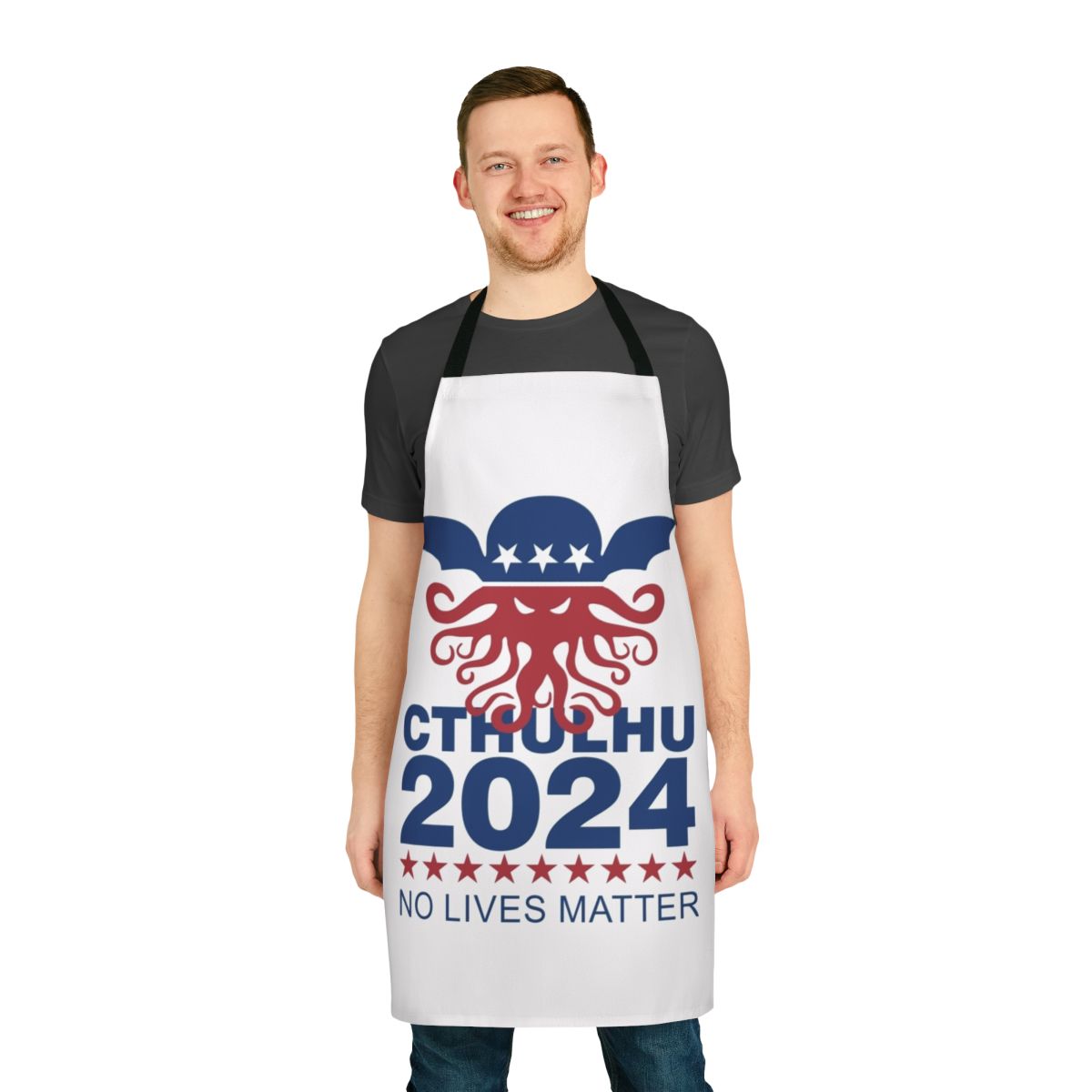 Cthulhu 2024 Apron with "No Lives Matter" text and Lovecraftian horror design