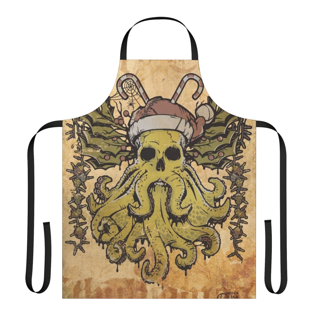 Merry Cthulhumas Apron featuring Cthulhu, Lovecraft's iconic monster, in a holiday design