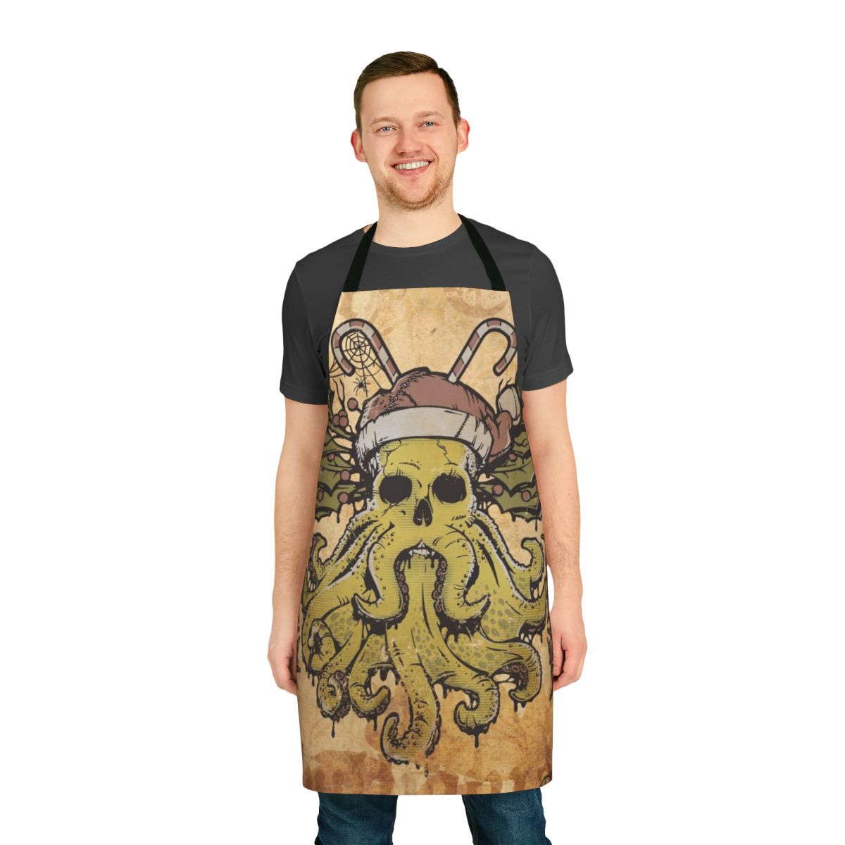 Merry Cthulhumas Apron featuring Cthulhu, Lovecraft's iconic monster, in a holiday design