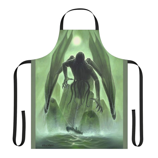 A black apron with the image of Cthulhu, the iconic creature from H.P. Lovecraft's Cthulhu Mythos