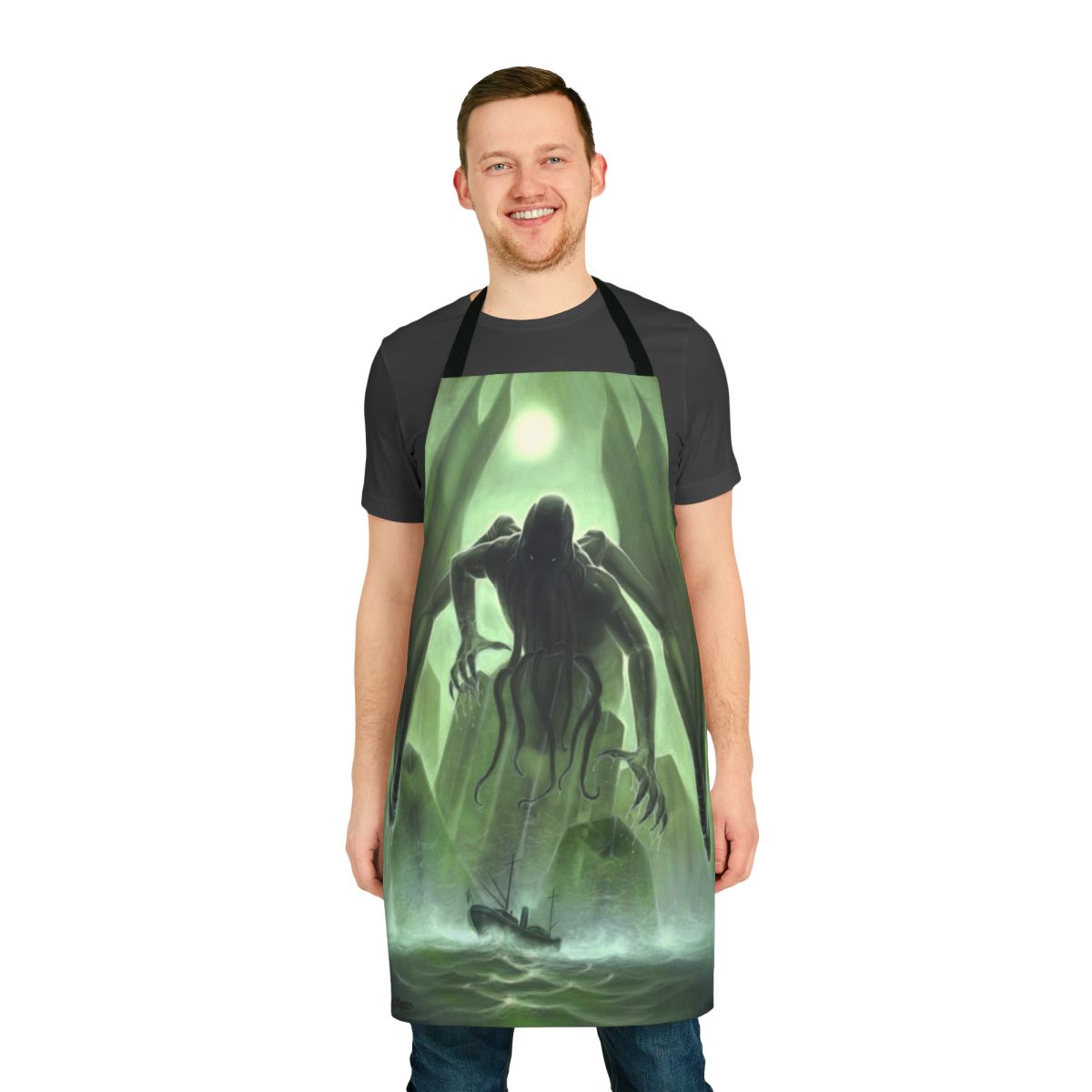 A black apron with the image of Cthulhu, the iconic creature from H.P. Lovecraft's Cthulhu Mythos