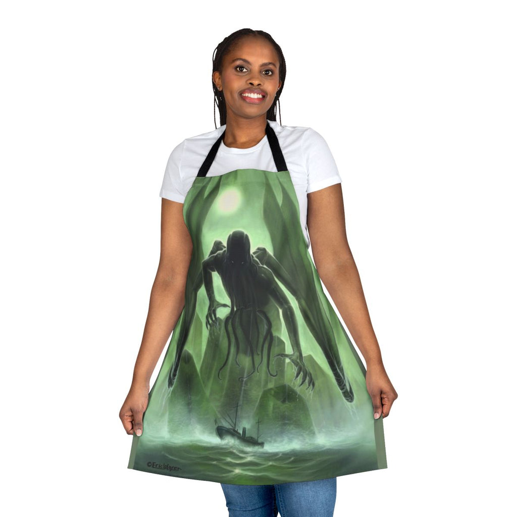 A black apron with the image of Cthulhu, the iconic creature from H.P. Lovecraft's Cthulhu Mythos
