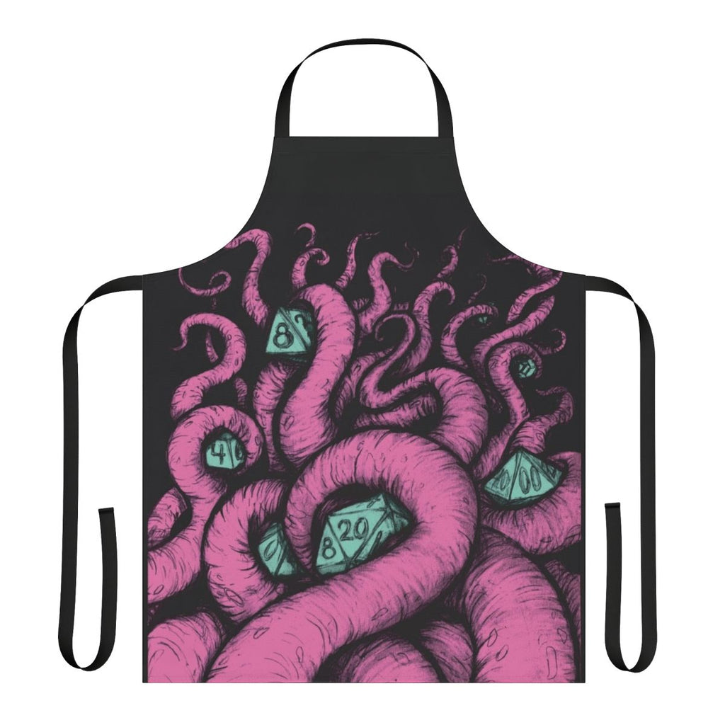 Chic black and pink apron featuring a silhouette of the mythical creature Cthulhu, perfect for dungeons and dragons enthusiasts and horror fans.