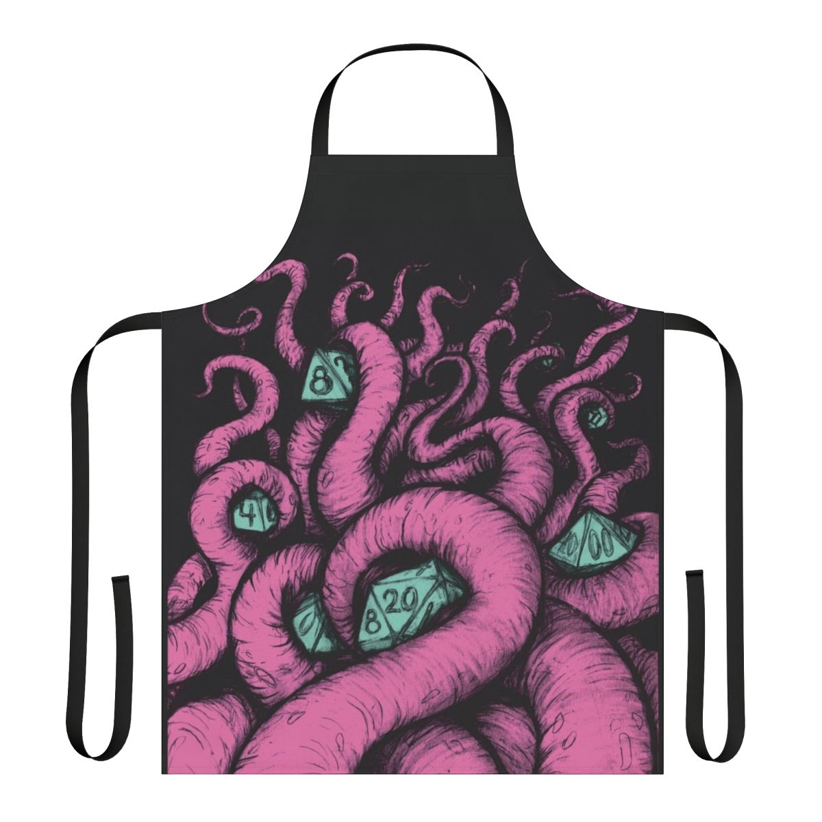 Chic black and pink apron featuring a silhouette of the mythical creature Cthulhu, perfect for dungeons and dragons enthusiasts and horror fans.