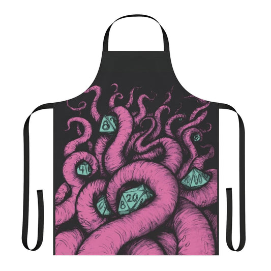 Chic black and pink apron featuring a silhouette of the mythical creature Cthulhu, perfect for dungeons and dragons enthusiasts and horror fans.