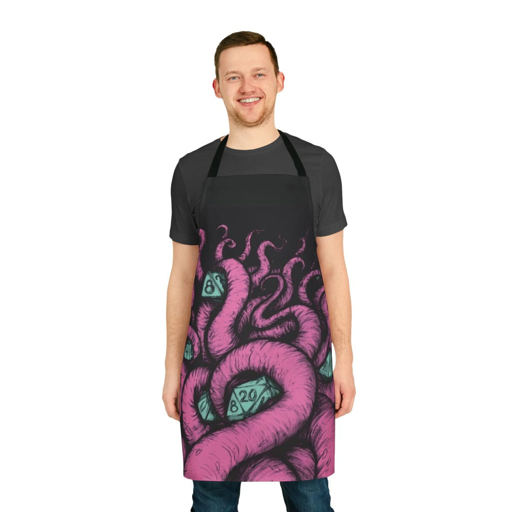 Chic black and pink apron featuring a silhouette of the mythical creature Cthulhu, perfect for dungeons and dragons enthusiasts and horror fans.
