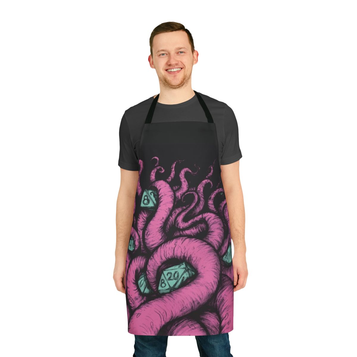Chic black and pink apron featuring a silhouette of the mythical creature Cthulhu, perfect for dungeons and dragons enthusiasts and horror fans.