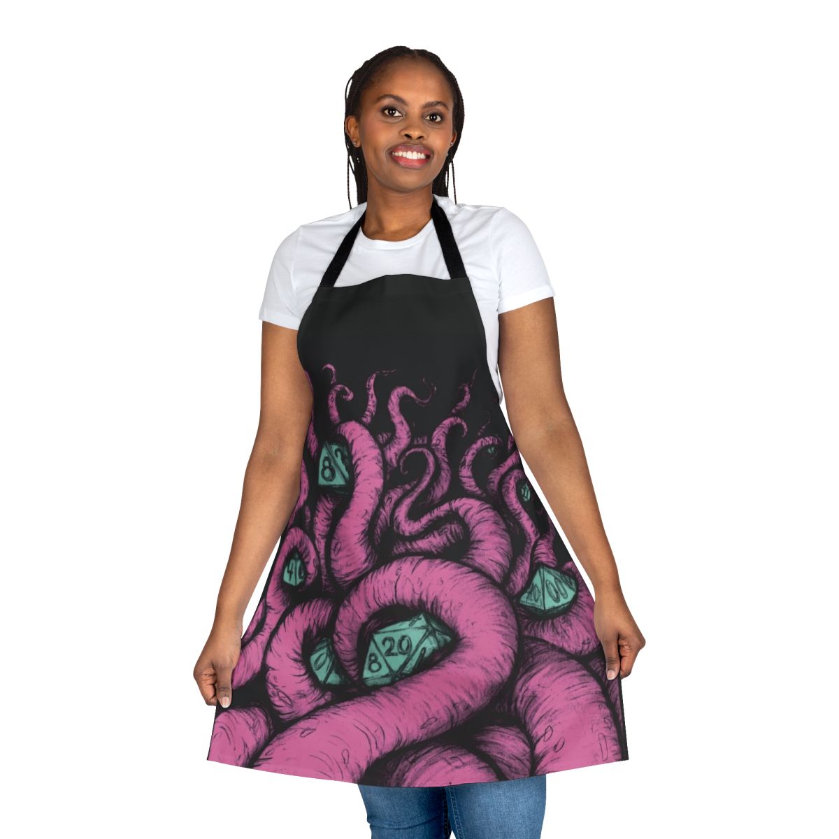 Chic black and pink apron featuring a silhouette of the mythical creature Cthulhu, perfect for dungeons and dragons enthusiasts and horror fans.