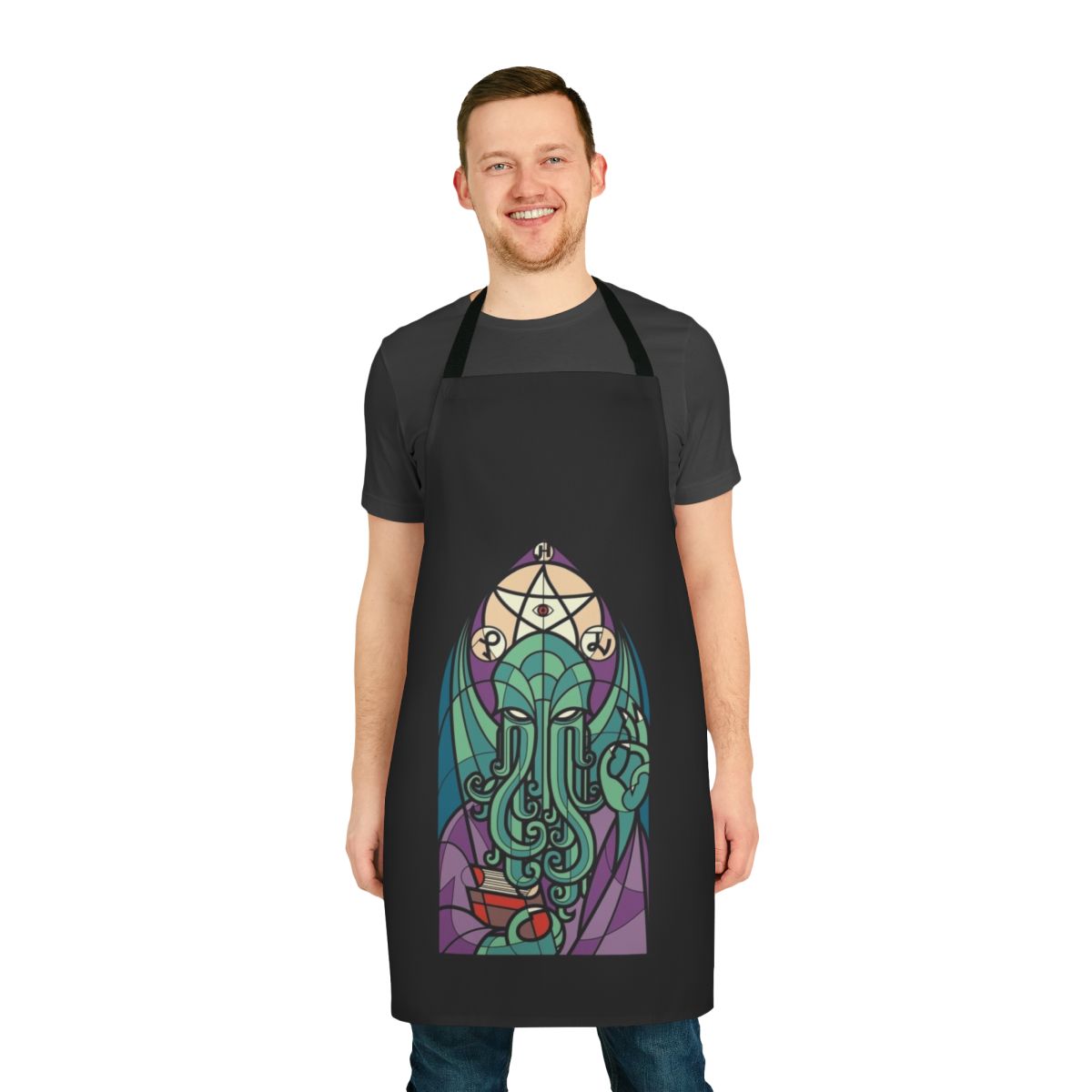 Cthulhu inspired apron with green tentacles and primordial god design