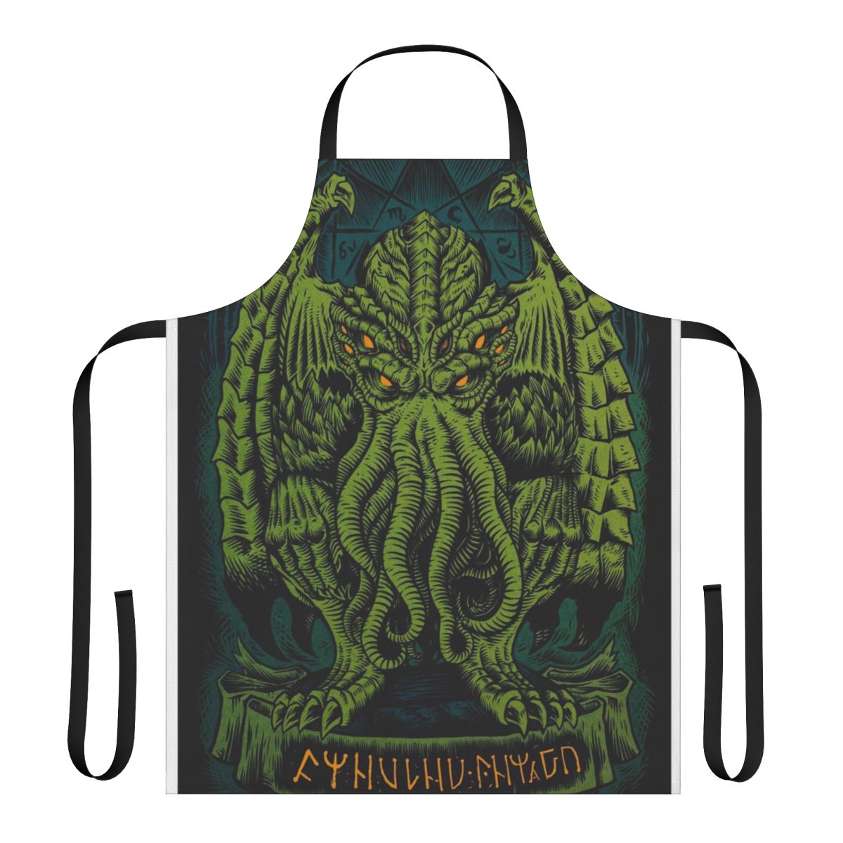 An apron featuring the sleeping Cthulhu, the cosmic horror from H.P. Lovecraft's Cthulhu Mythos