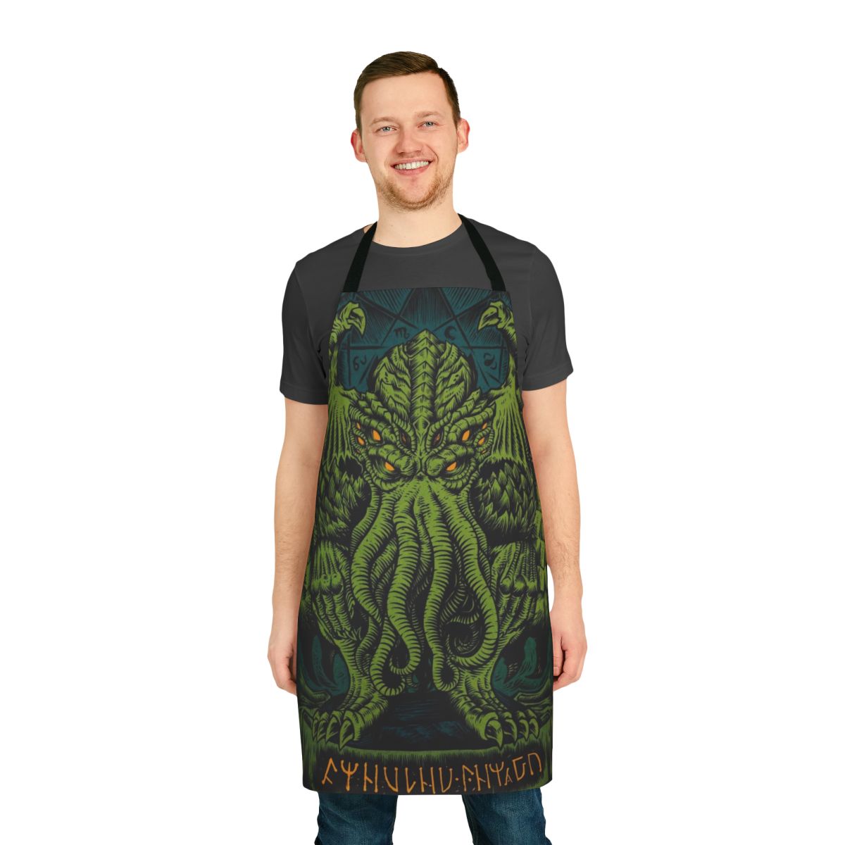 An apron featuring the sleeping Cthulhu, the cosmic horror from H.P. Lovecraft's Cthulhu Mythos