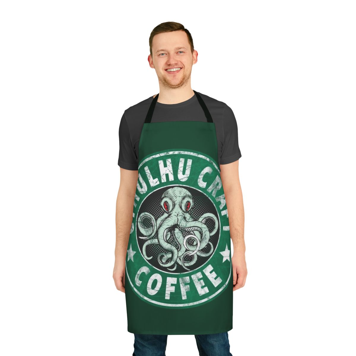 Cthulhu-themed craft coffee apron with a retro, vintage-inspired design
