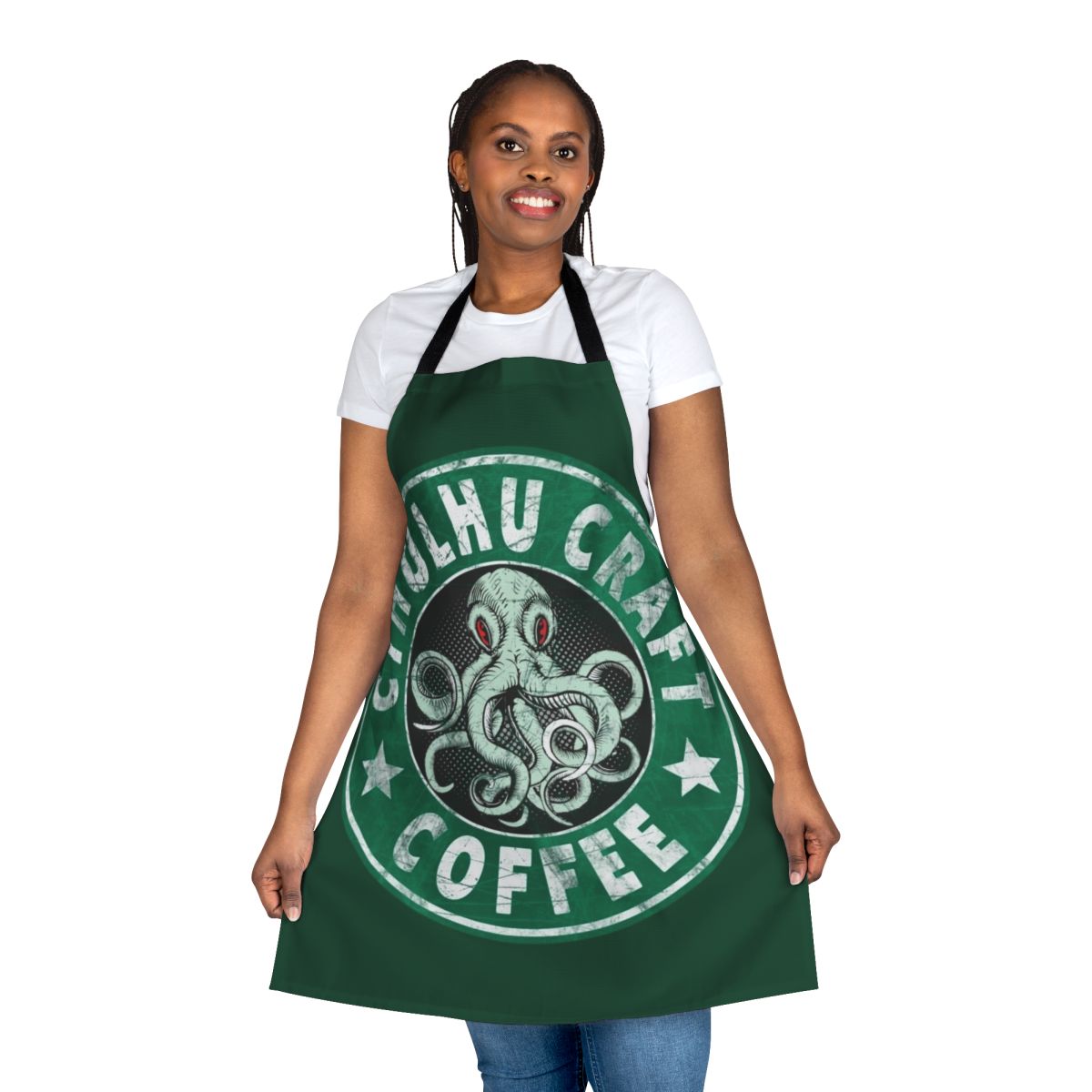Cthulhu-themed craft coffee apron with a retro, vintage-inspired design
