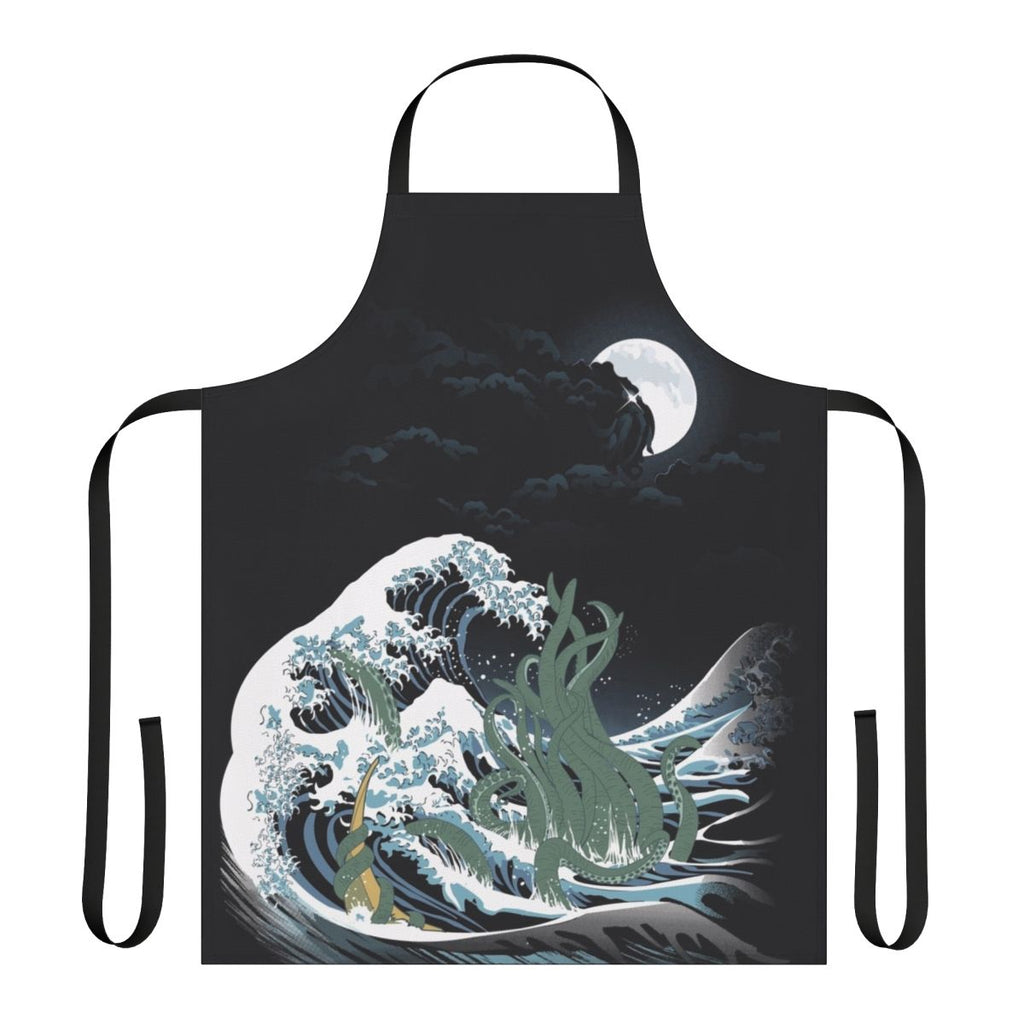 Apron featuring a Cthulhu-inspired Japanese wave design with tentacles, inspired by H.P. Lovecraft's Necronomicon and Hokusai's 'Great Wave' artwork.