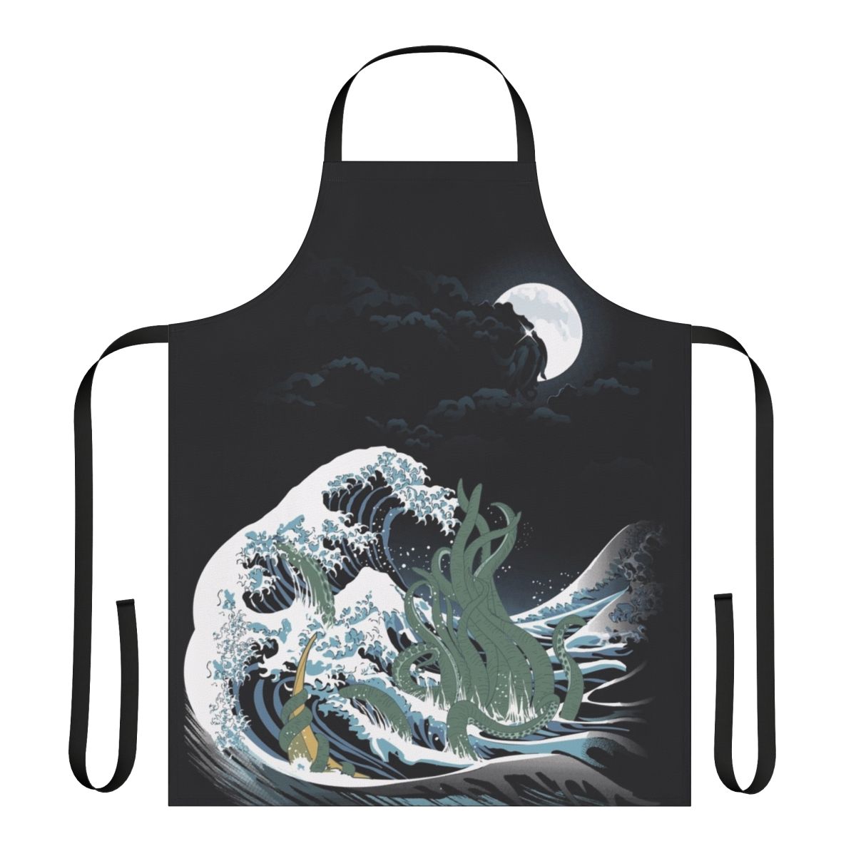Apron featuring a Cthulhu-inspired Japanese wave design with tentacles, inspired by H.P. Lovecraft's Necronomicon and Hokusai's 'Great Wave' artwork.