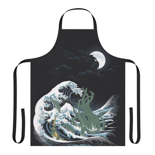 Apron featuring a Cthulhu-inspired Japanese wave design with tentacles, inspired by H.P. Lovecraft's Necronomicon and Hokusai's 'Great Wave' artwork.