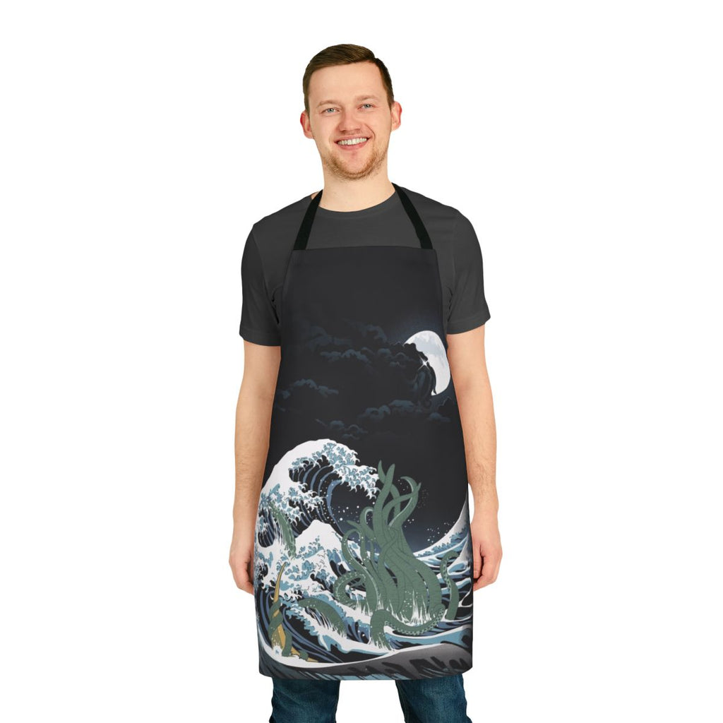 Apron featuring a Cthulhu-inspired Japanese wave design with tentacles, inspired by H.P. Lovecraft's Necronomicon and Hokusai's 'Great Wave' artwork.
