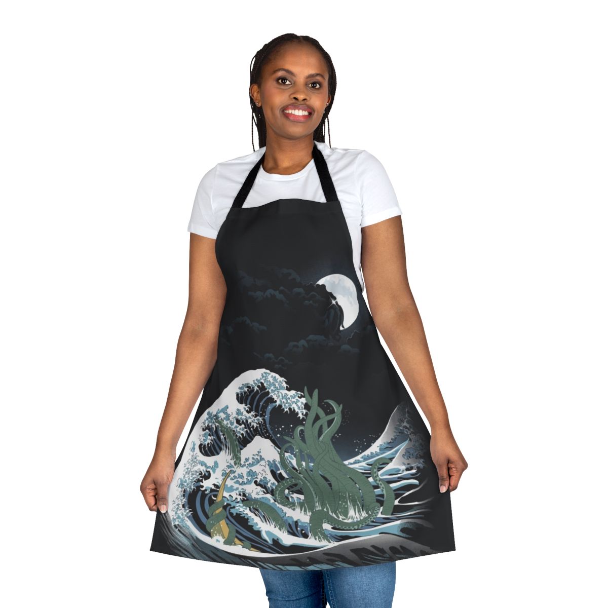 Apron featuring a Cthulhu-inspired Japanese wave design with tentacles, inspired by H.P. Lovecraft's Necronomicon and Hokusai's 'Great Wave' artwork.