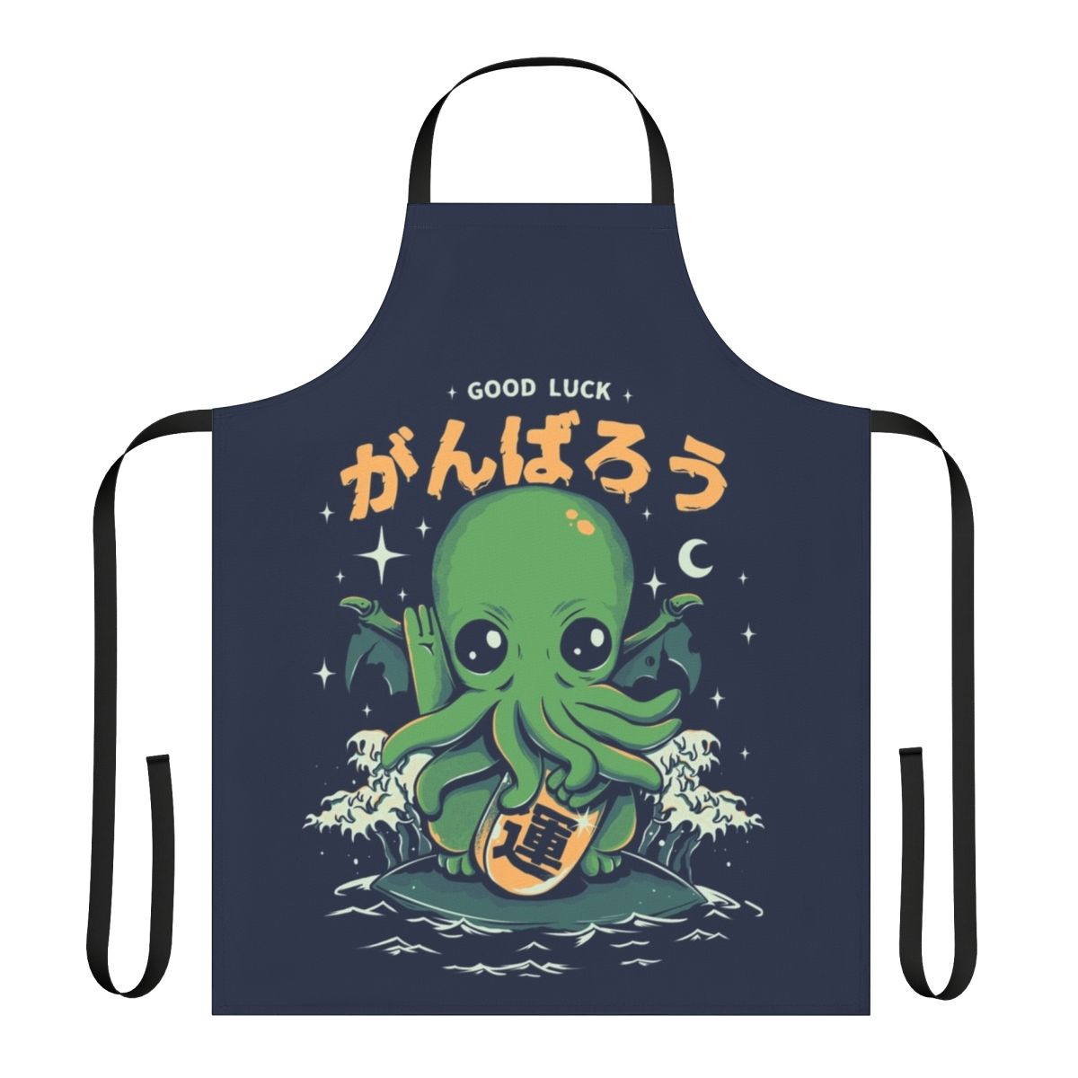 A whimsical, Cthulhu-inspired apron featuring a lucky charm design with a cat-like sea creature.