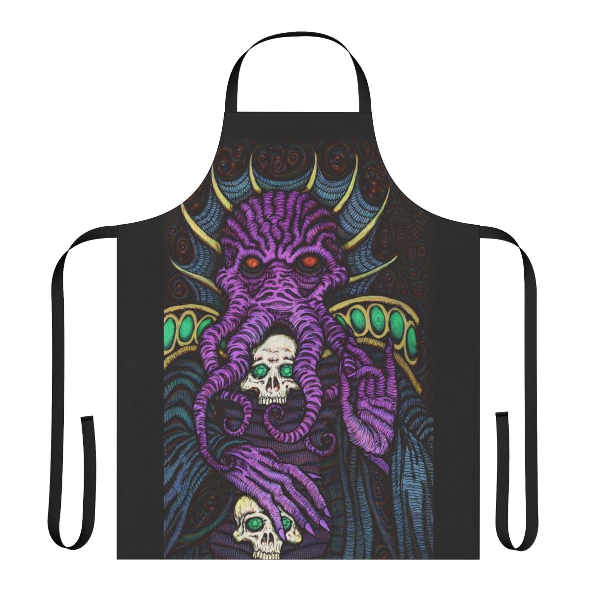 A black apron with a detailed mind flayer design, perfect for Dungeons & Dragons enthusiasts.