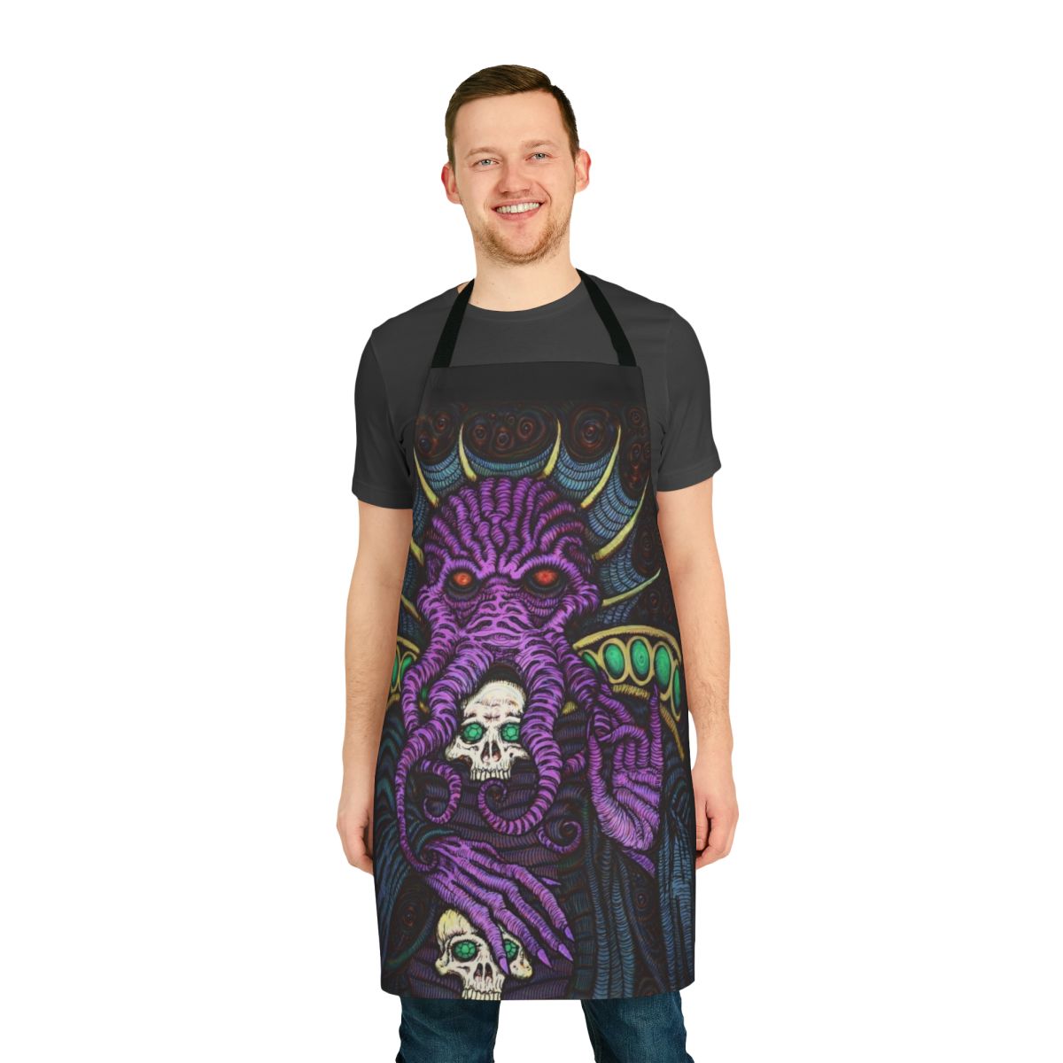 A black apron with a detailed mind flayer design, perfect for Dungeons & Dragons enthusiasts.