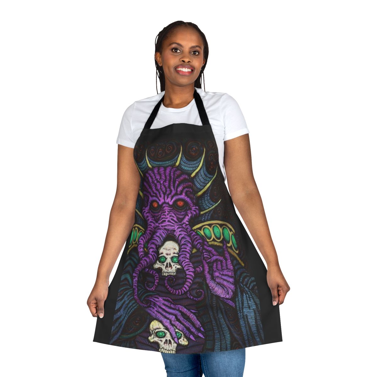 A black apron with a detailed mind flayer design, perfect for Dungeons & Dragons enthusiasts.