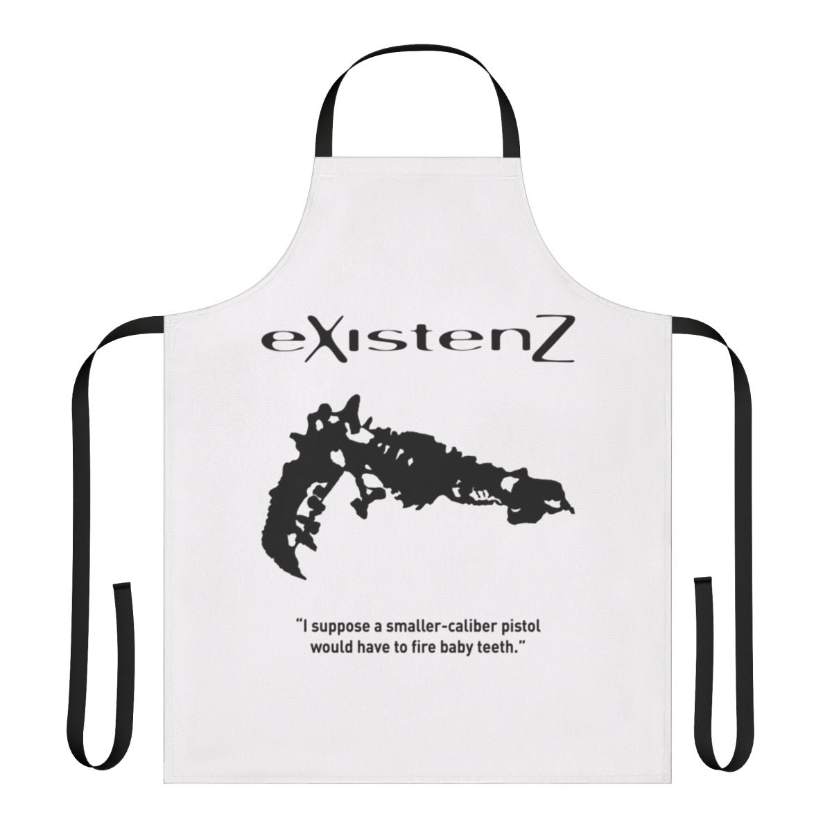 Apron featuring a graphic inspired by the 1999 cult film "Existenz" directed by David Cronenberg