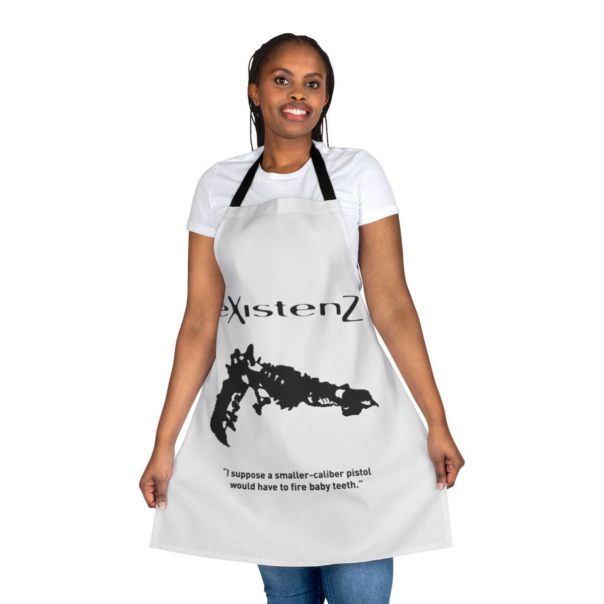 Apron featuring a graphic inspired by the 1999 cult film "Existenz" directed by David Cronenberg