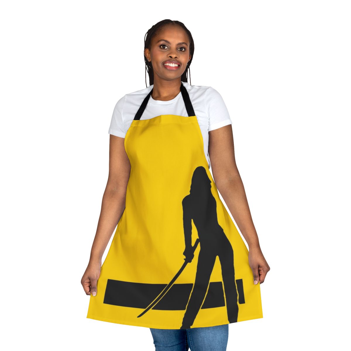 Silhouette bride design on a vintage-style apron for cult film fans