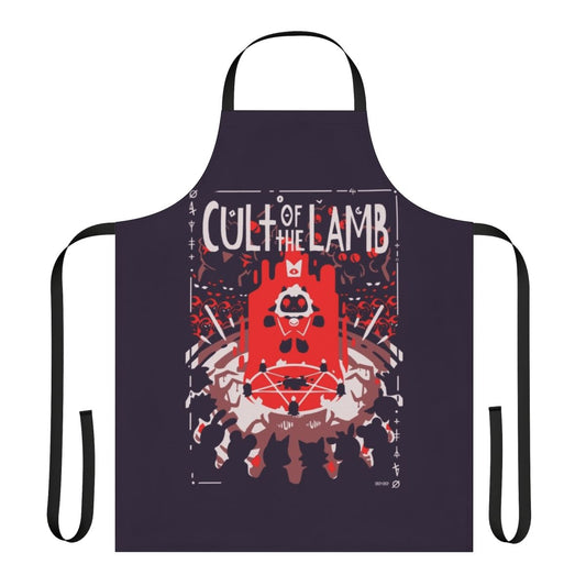 Apron featuring the cult of the lamb video game logo and sheep design