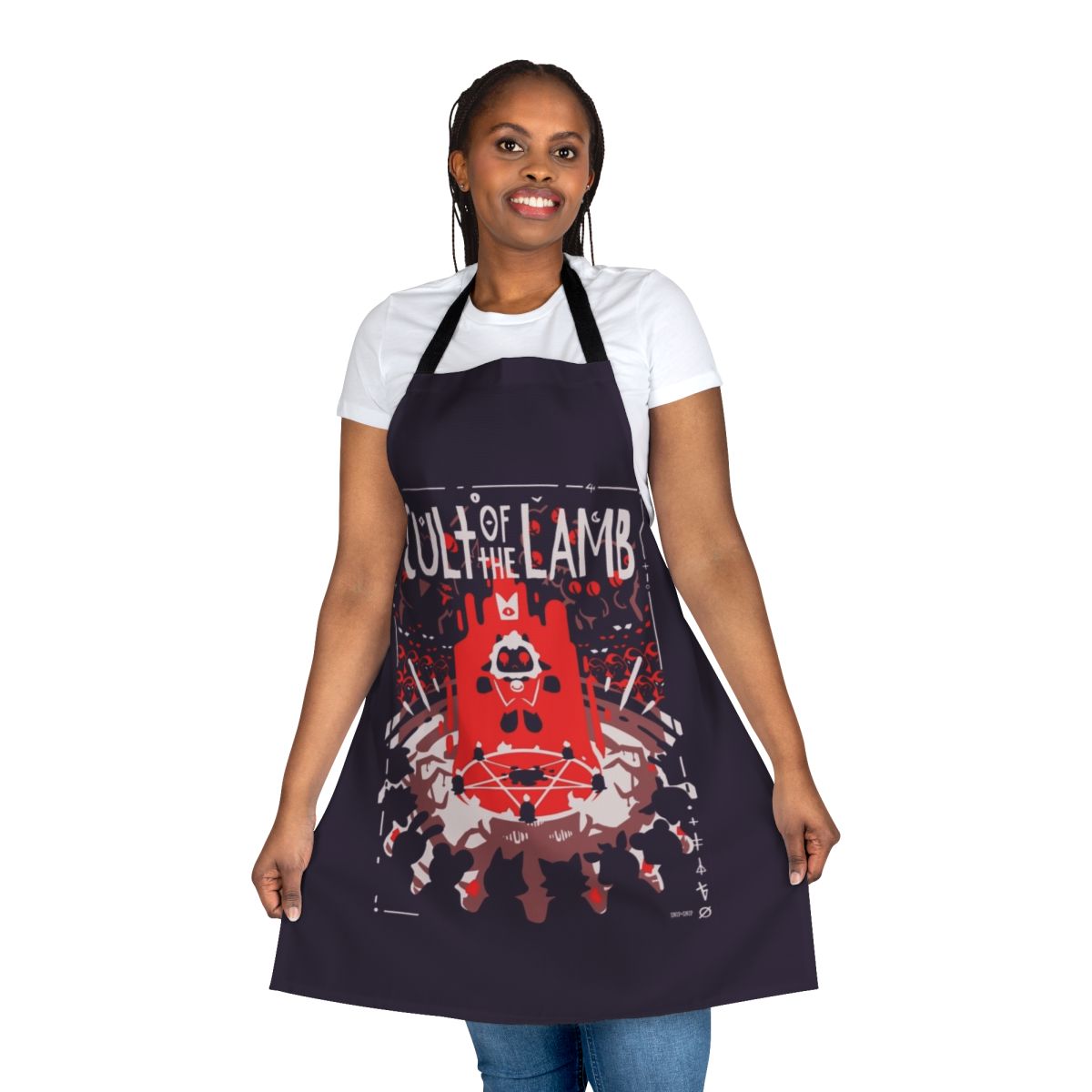Apron featuring the cult of the lamb video game logo and sheep design
