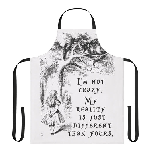 Whimsical Alice in Wonderland inspired apron with "I'm Not Crazy" quote and minimalist design