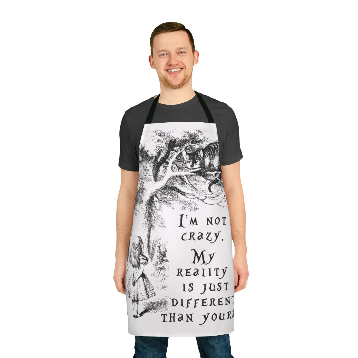 Whimsical Alice in Wonderland inspired apron with "I'm Not Crazy" quote and minimalist design