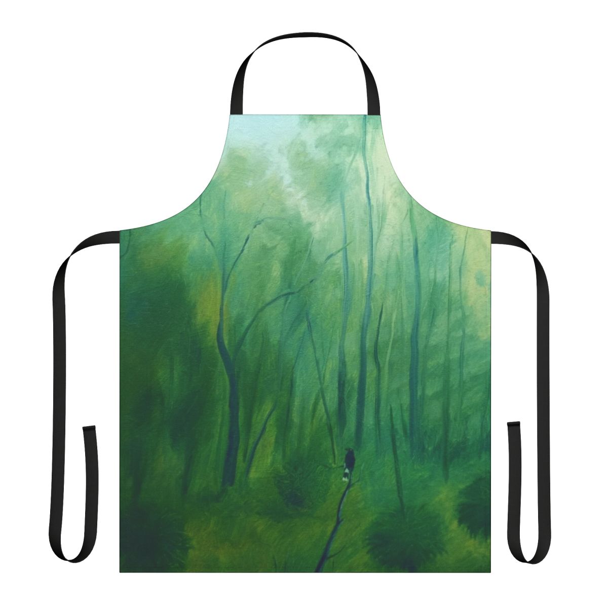 Currawong inspired landscape apron featuring a serene dawn scene with clouds, trees, and natural light
