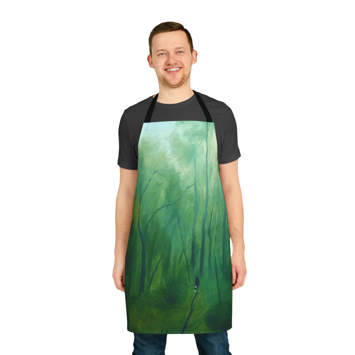 Currawong inspired landscape apron featuring a serene dawn scene with clouds, trees, and natural light