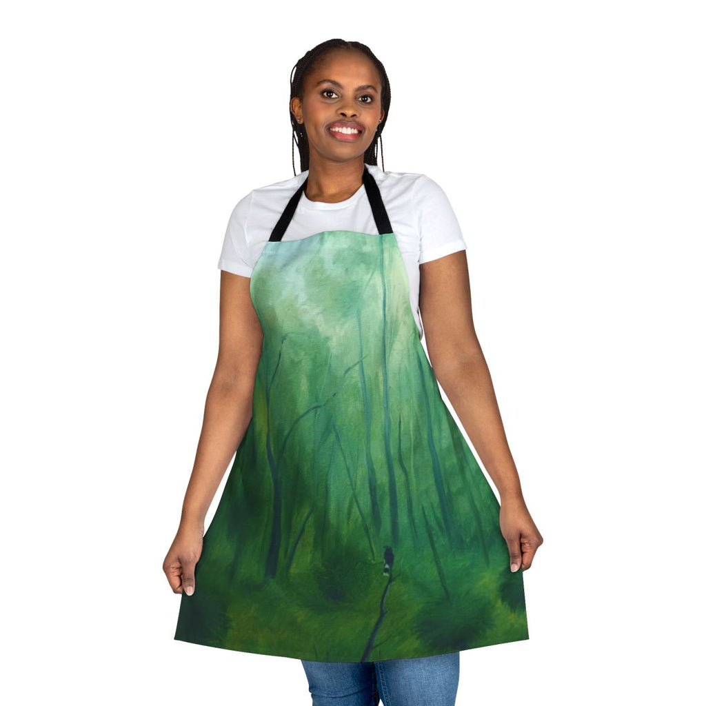 Currawong inspired landscape apron featuring a serene dawn scene with clouds, trees, and natural light