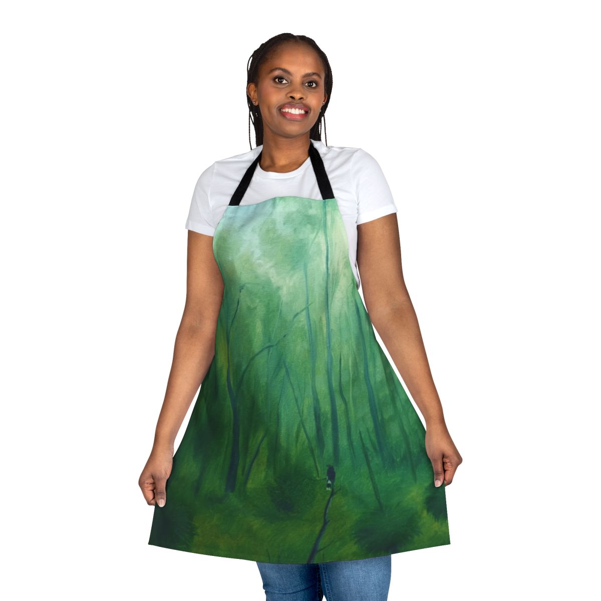 Currawong inspired landscape apron featuring a serene dawn scene with clouds, trees, and natural light
