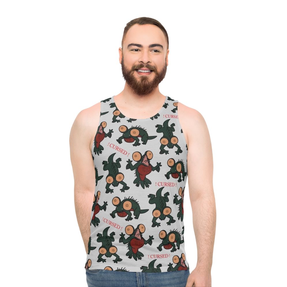 Unisex dark fantasy video game tank top with basilisk curse design