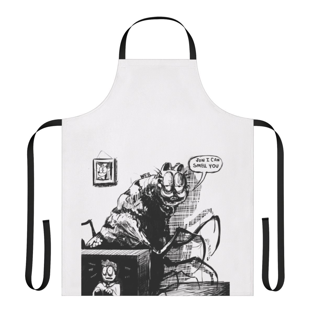 A humorous apron featuring the cursed Garfield meme with Jon and Lasagna.