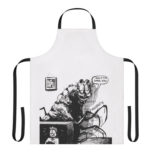 A humorous apron featuring the cursed Garfield meme with Jon and Lasagna.