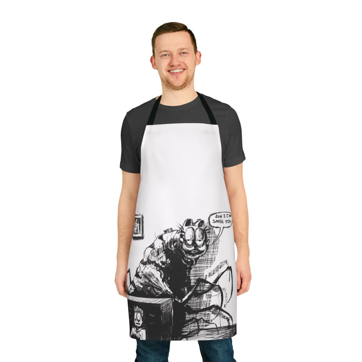 A humorous apron featuring the cursed Garfield meme with Jon and Lasagna.