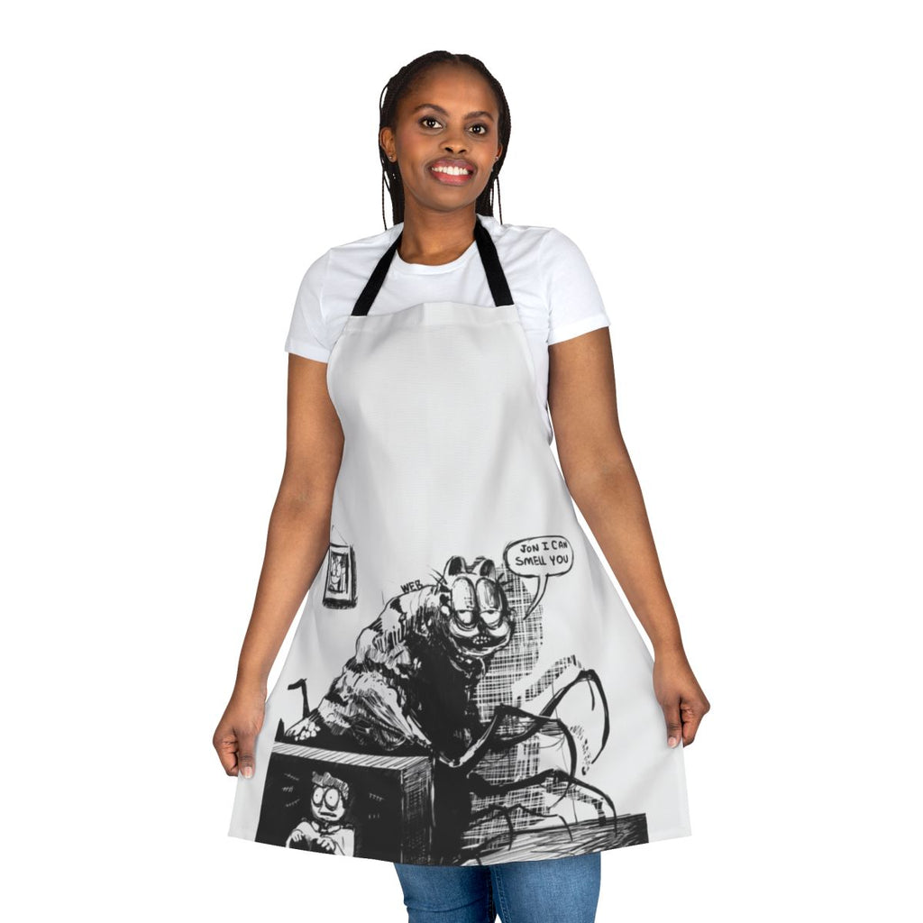 A humorous apron featuring the cursed Garfield meme with Jon and Lasagna.