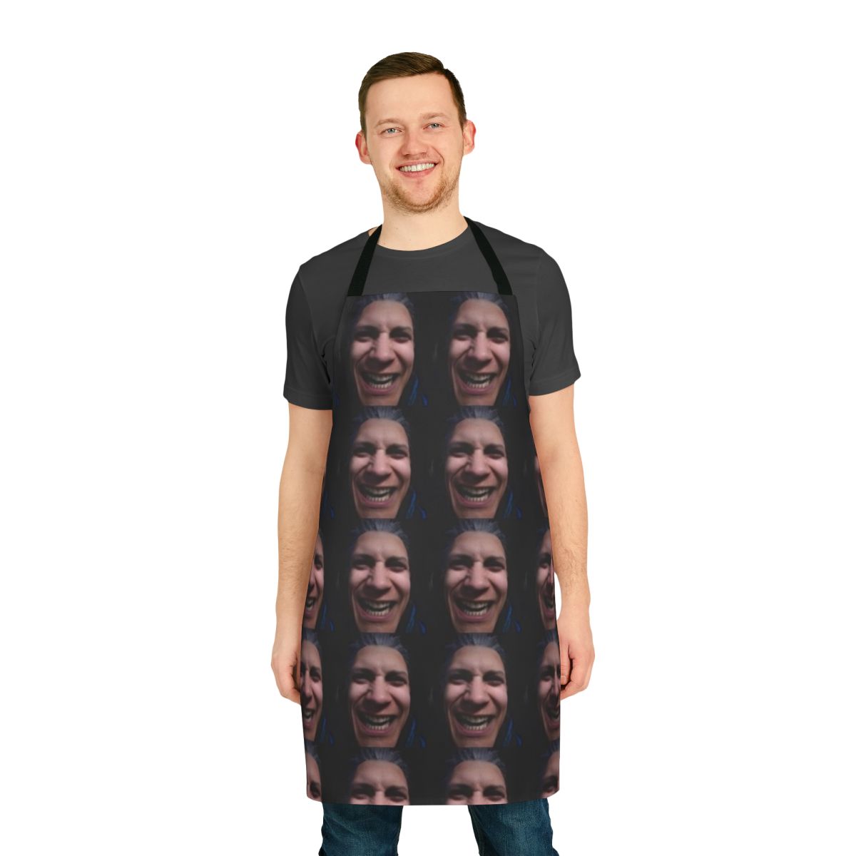 A dark and gritty apron featuring the cursed visage of Vergil from the Devil May Cry series.