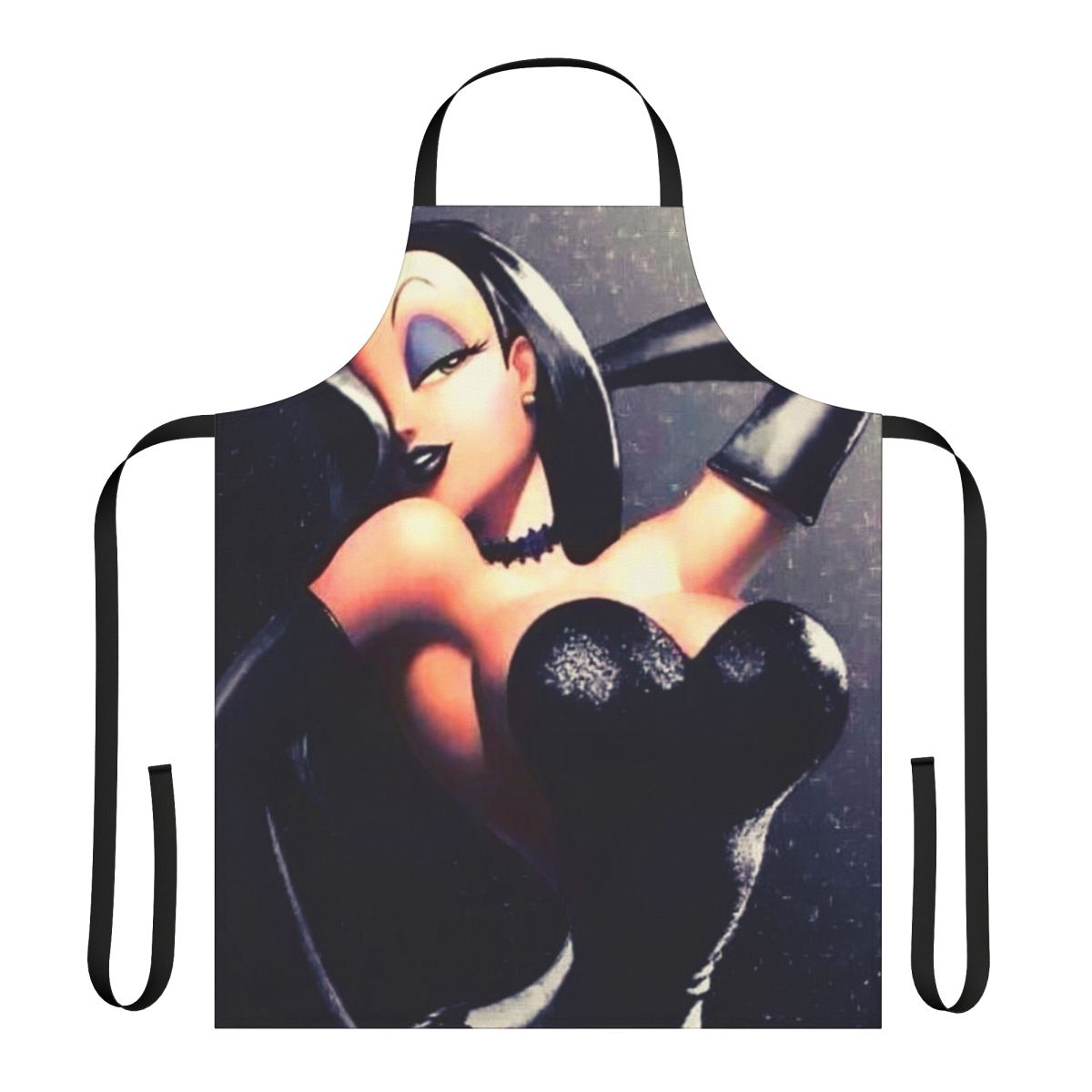 A black apron with a sexy, cartoon-inspired design featuring a curvaceous, rabbit-like figure.